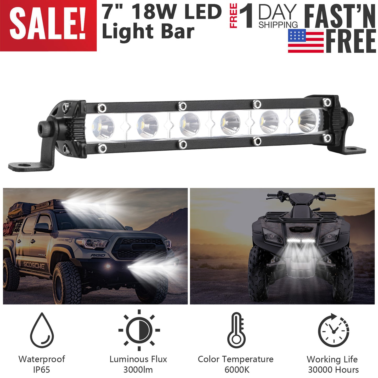 7" LED Light Bar 18W Spot Beam for Offroad Trucks & SUVs