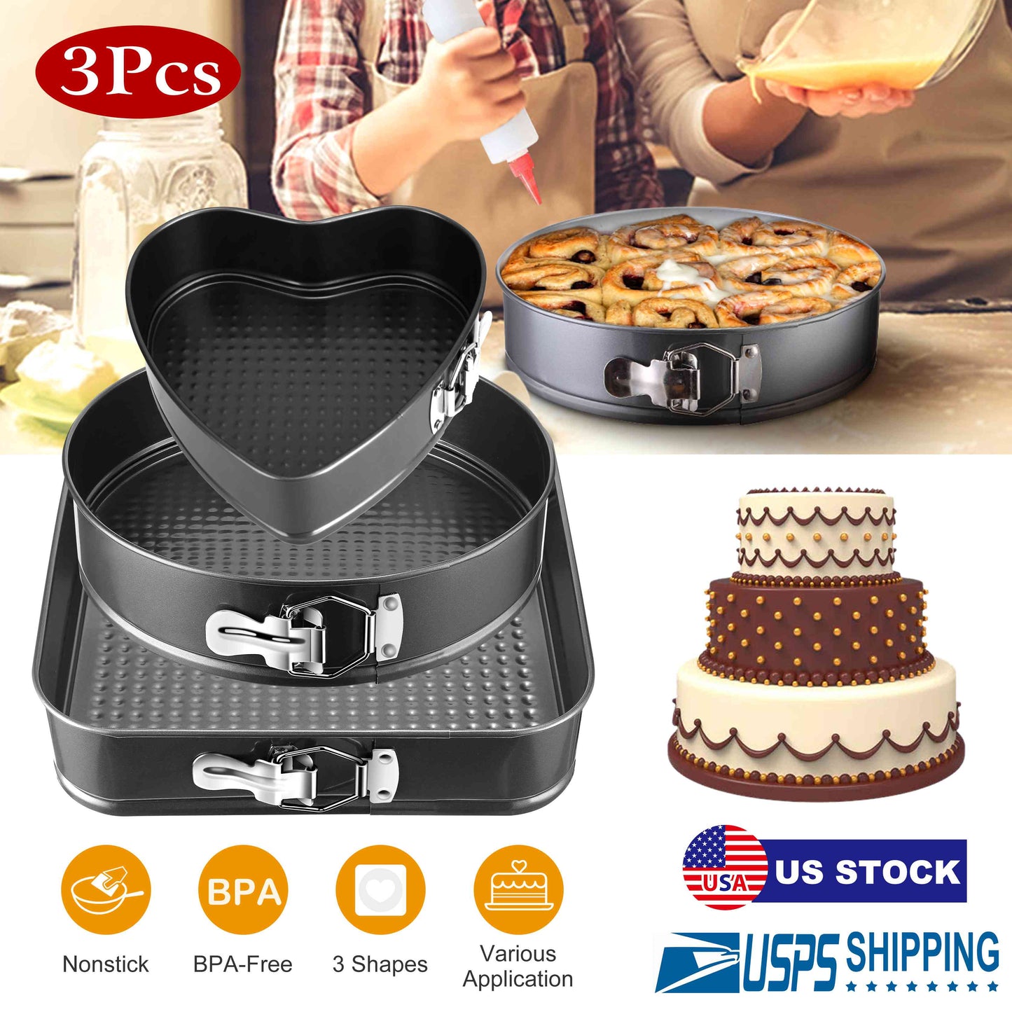 Springform Cake Pan Set 3-Piece Non-Stick with Removable Bottom