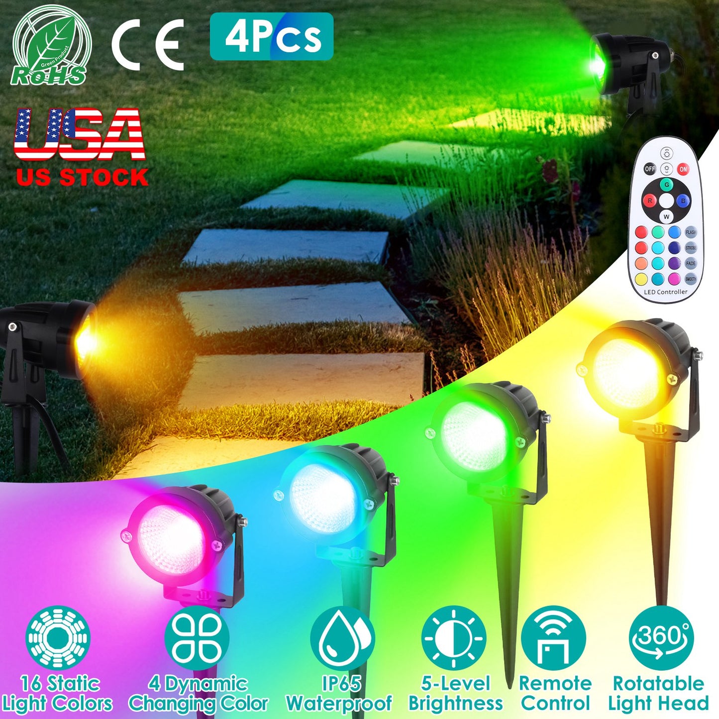 RGBW Landscape Spotlight Set with Remote Control (4-Pack)