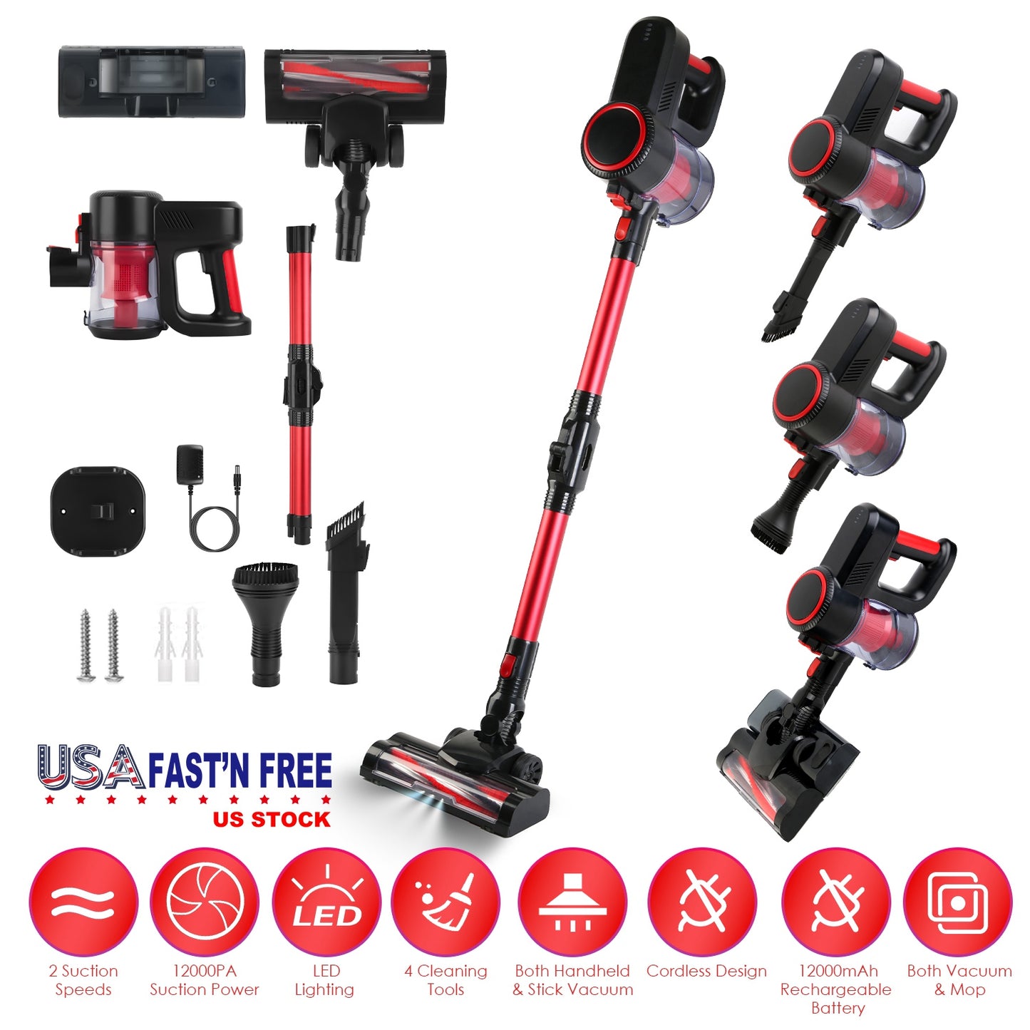 Cordless Stick Vacuum Cleaner with 12000PA Suction & LED Light