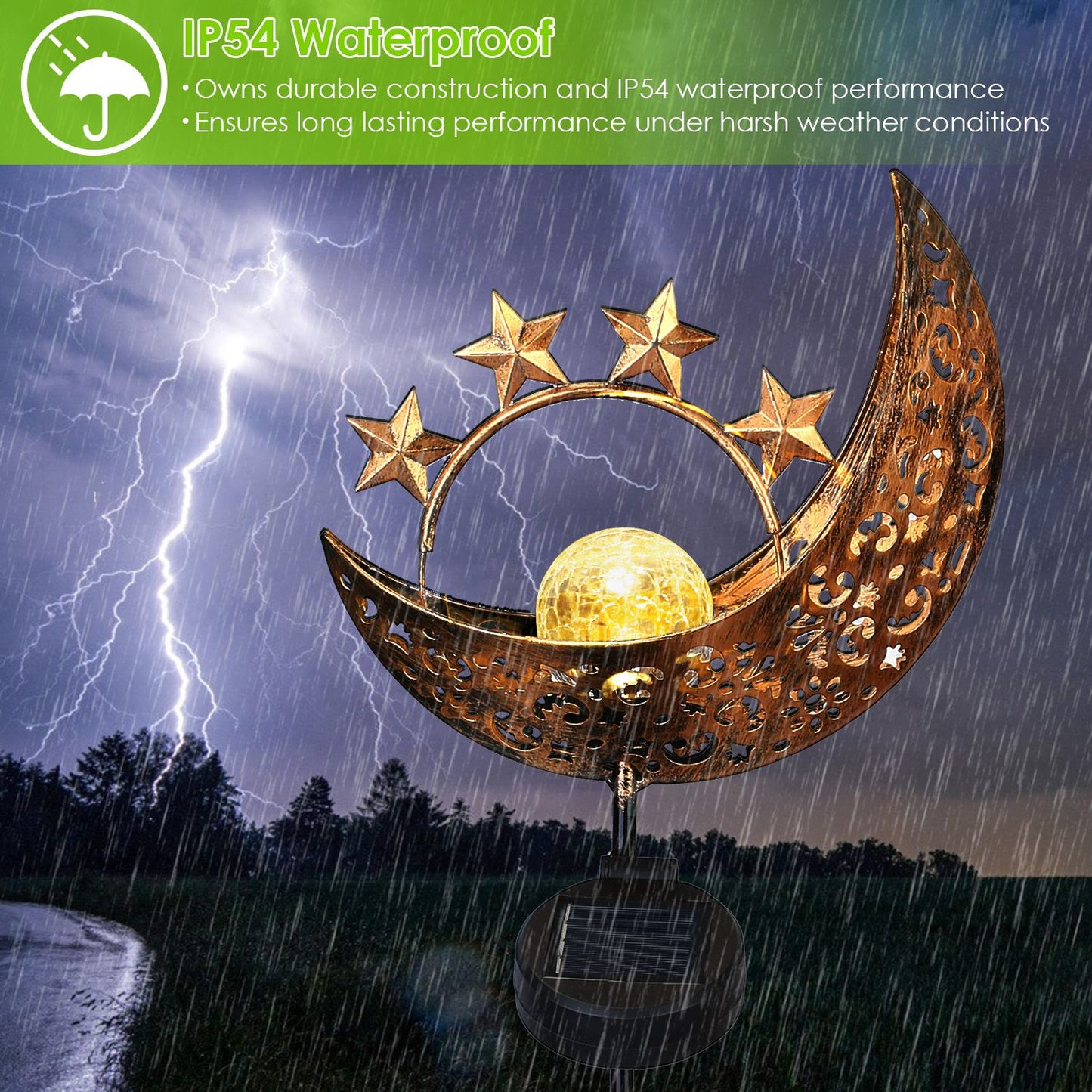 Solar Moon Star Garden Stake Light with Crackle Glass Globe