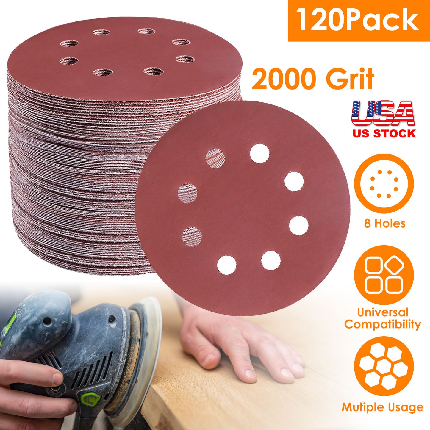 5 Inch Sanding Discs 2000 Grit - 120 Pack with 8 Holes