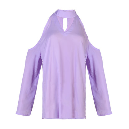 Women\'s Sexy Off The Shoulder Blouses Cold Shoulder Tops V-Neck Long Sleeve T-Shirt Solid Color Summer