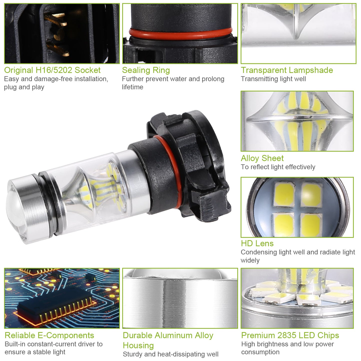 H16 5202 LED Fog Light Bulbs 6000K White 1100LM (2-Pack)