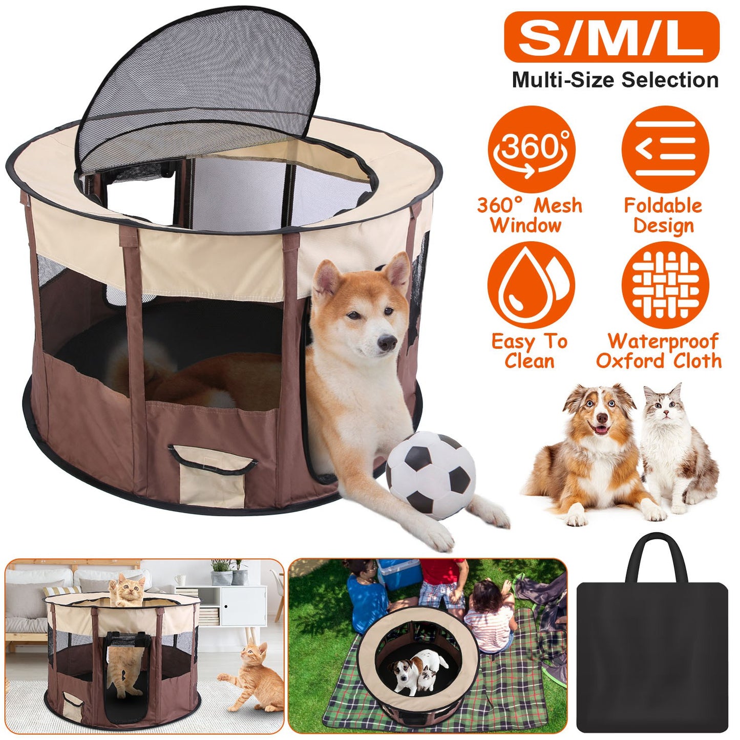 Foldable Dog Playpen with Carry Bag - Waterproof Pet Tent