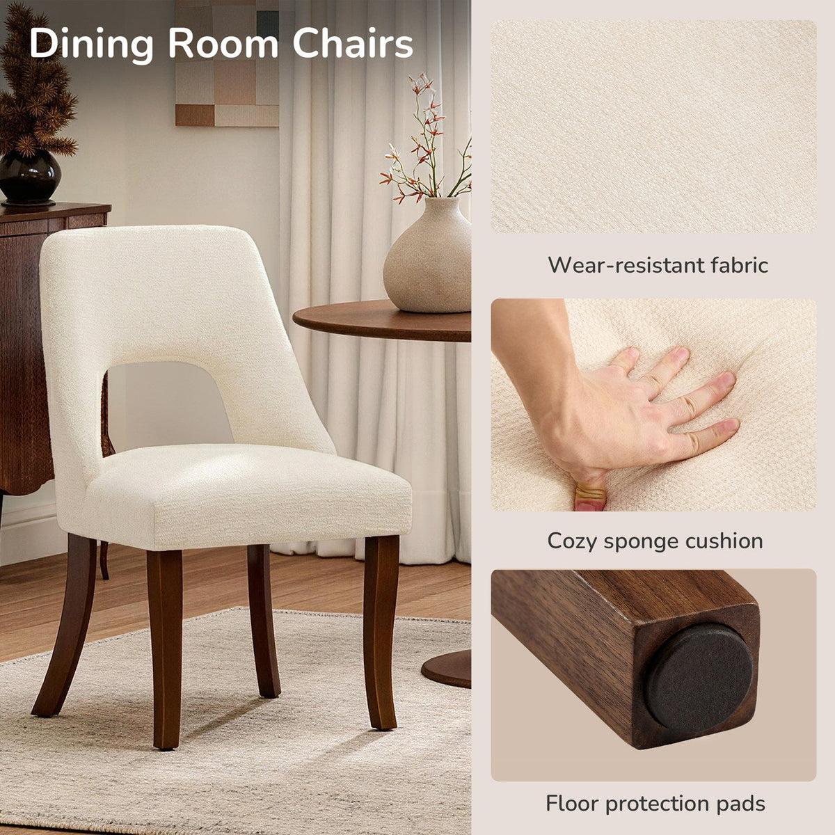 Upholstered Dining Chairs Set of 2 with Curved Rubberwood Legs