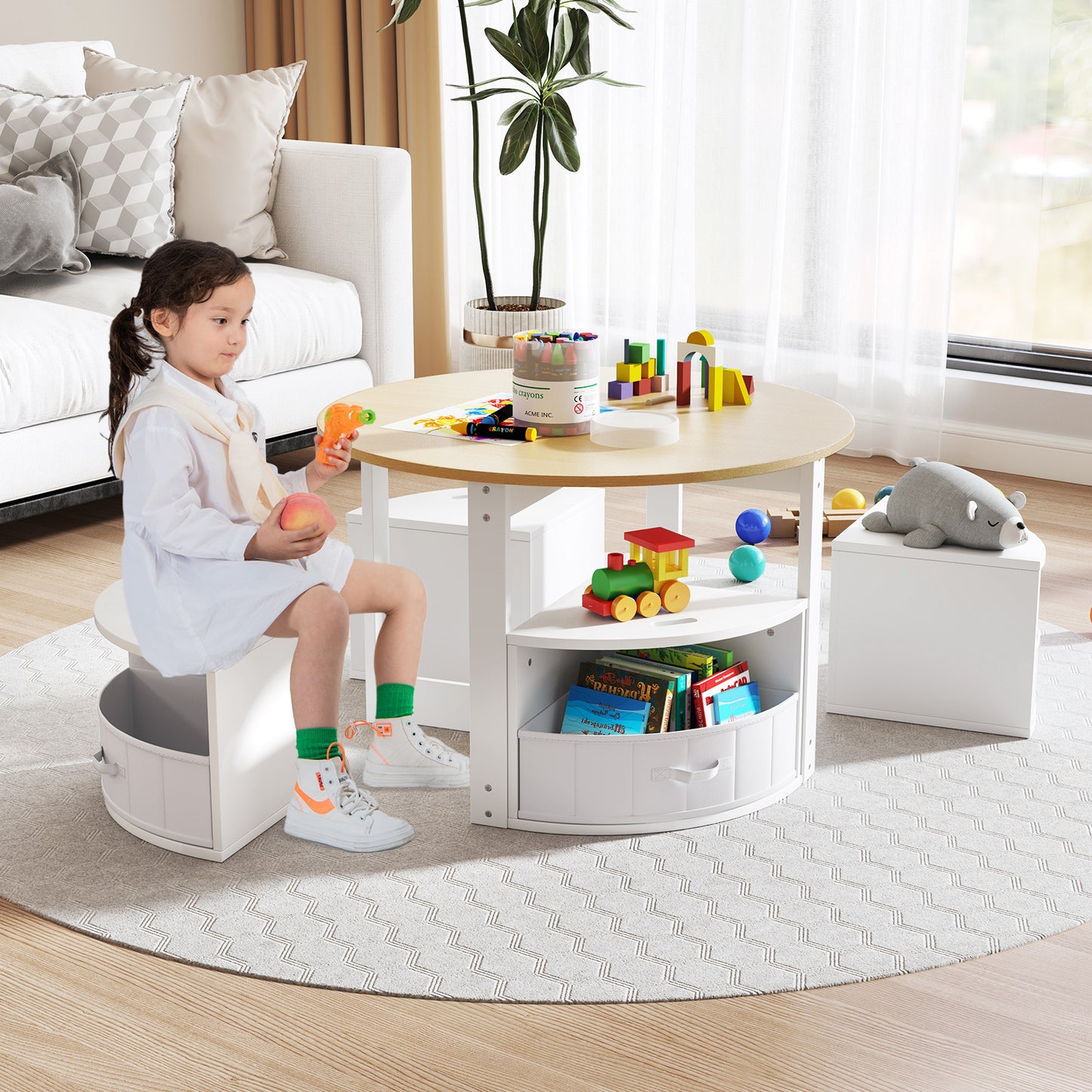 5-Piece Kids Table and Chair Set with Storage Stools
