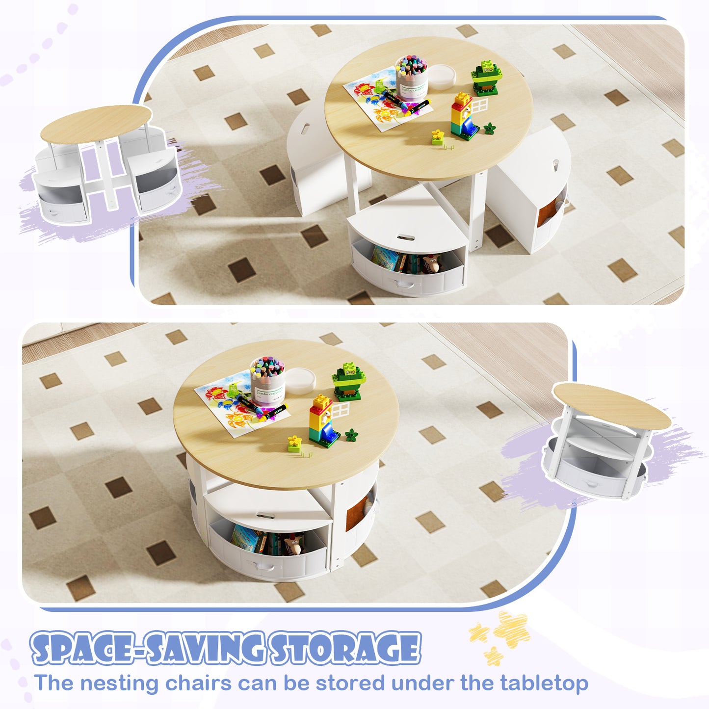 5-Piece Kids Table and Chair Set with Storage Stools