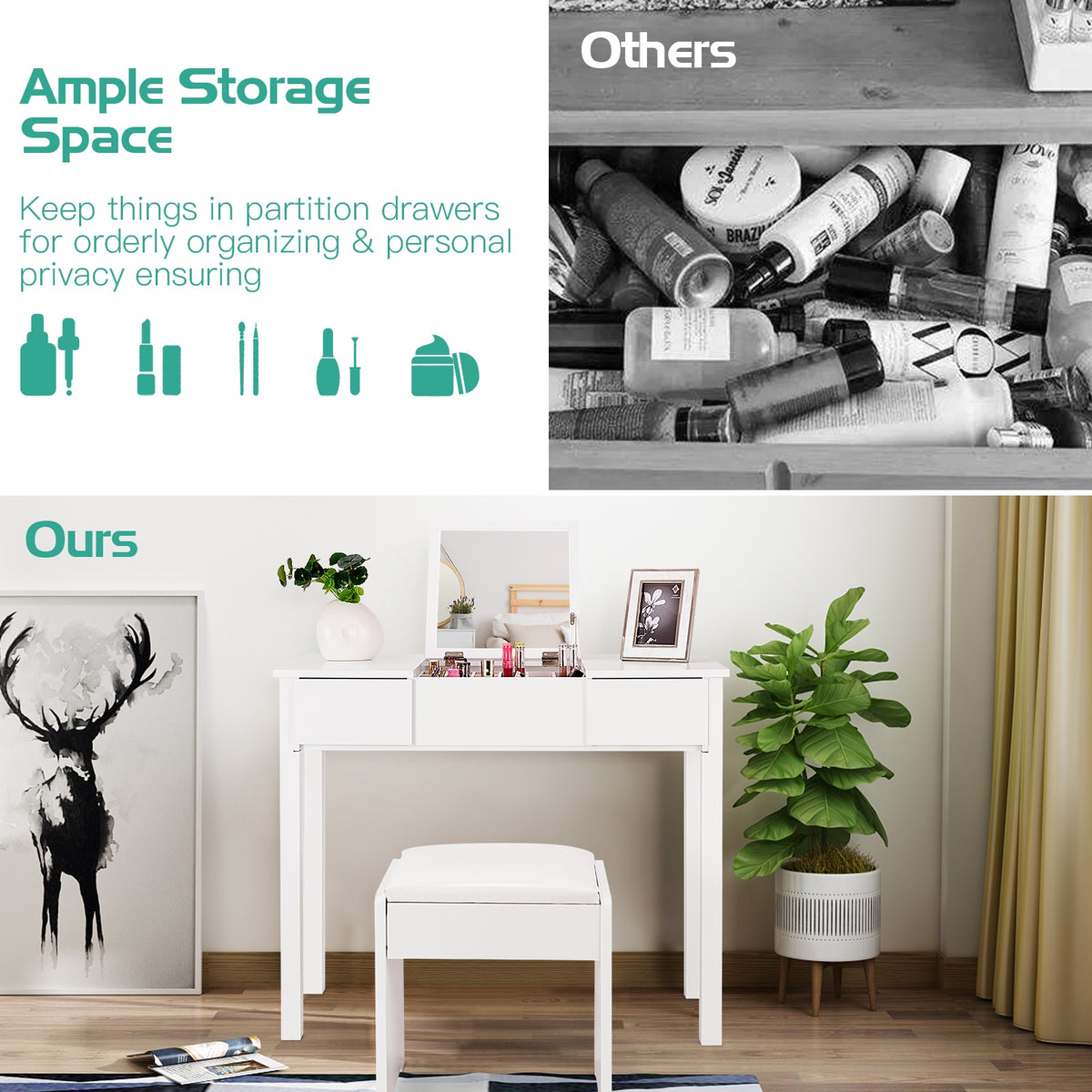 Makeup Vanity Table Set with Flip Top Mirror and Cushioned Stool