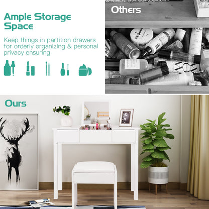 Makeup Vanity Table Set with Flip Top Mirror and Cushioned Stool