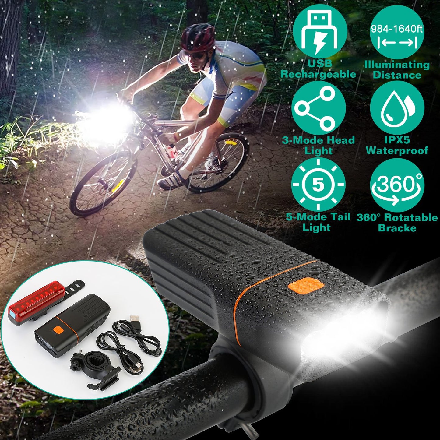 USB Rechargeable Bike Light Set with Headlight and Taillight
