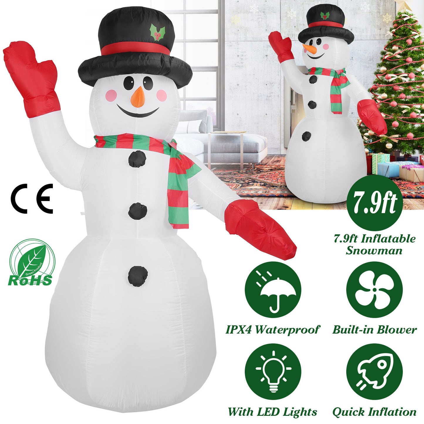 7.9ft Inflatable Christmas Snowman with LED Lights