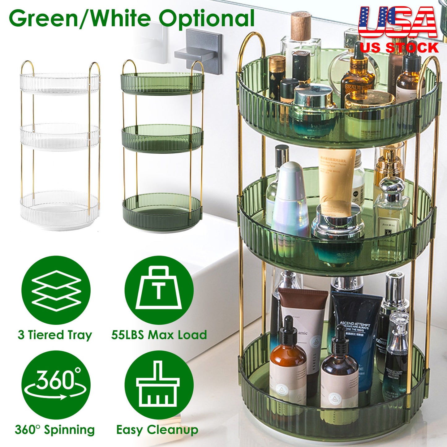 3-Tier Rotating Makeup Organizer with 360° Spin