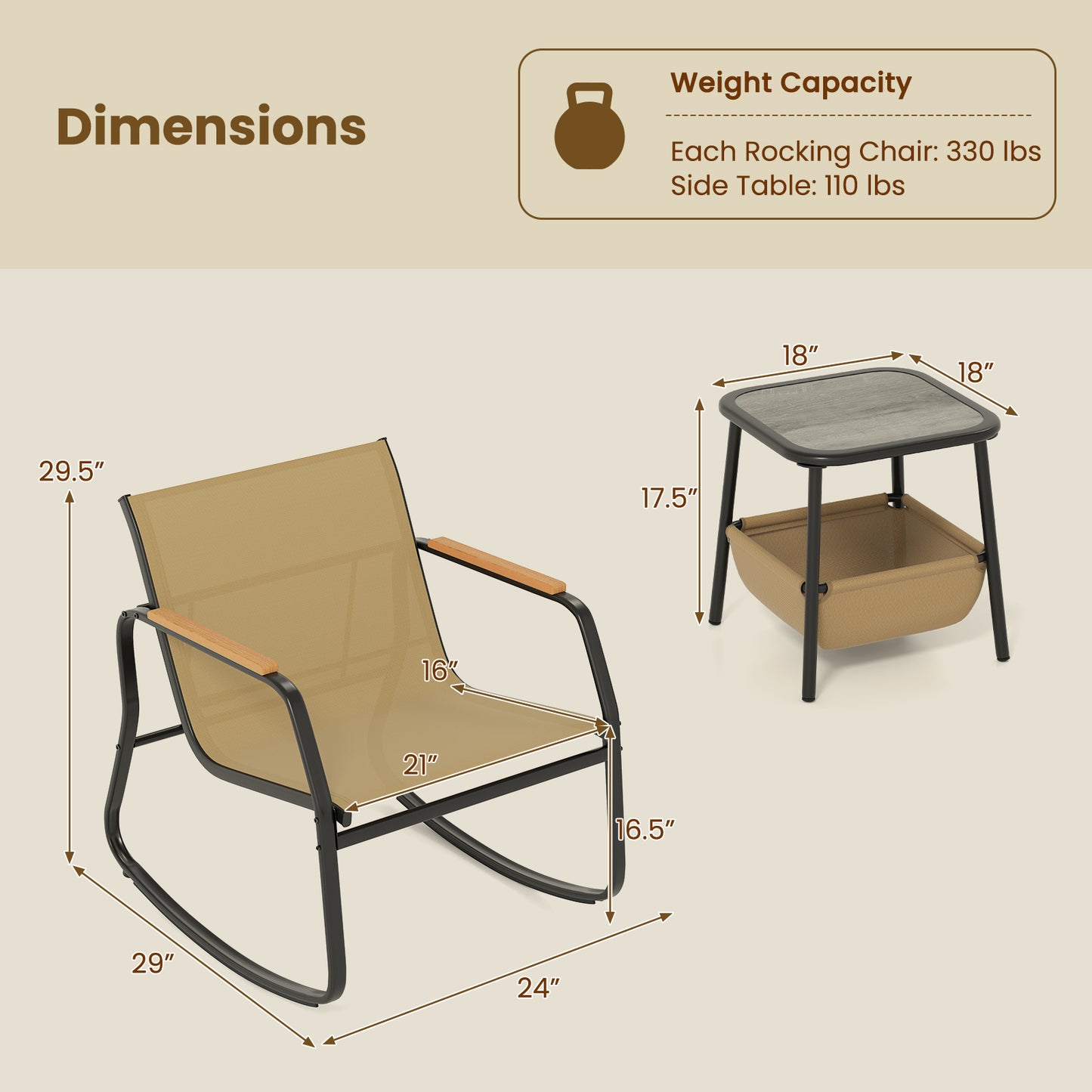 3-Piece Rocking Bistro Set with Side Table and Storage