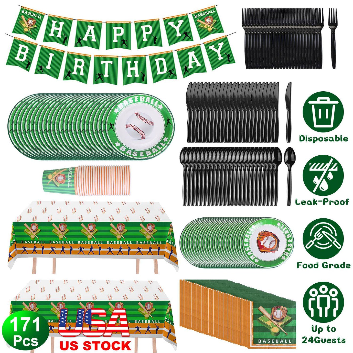 Baseball Party Supplies Kit for 24 Guests - 171 Pieces