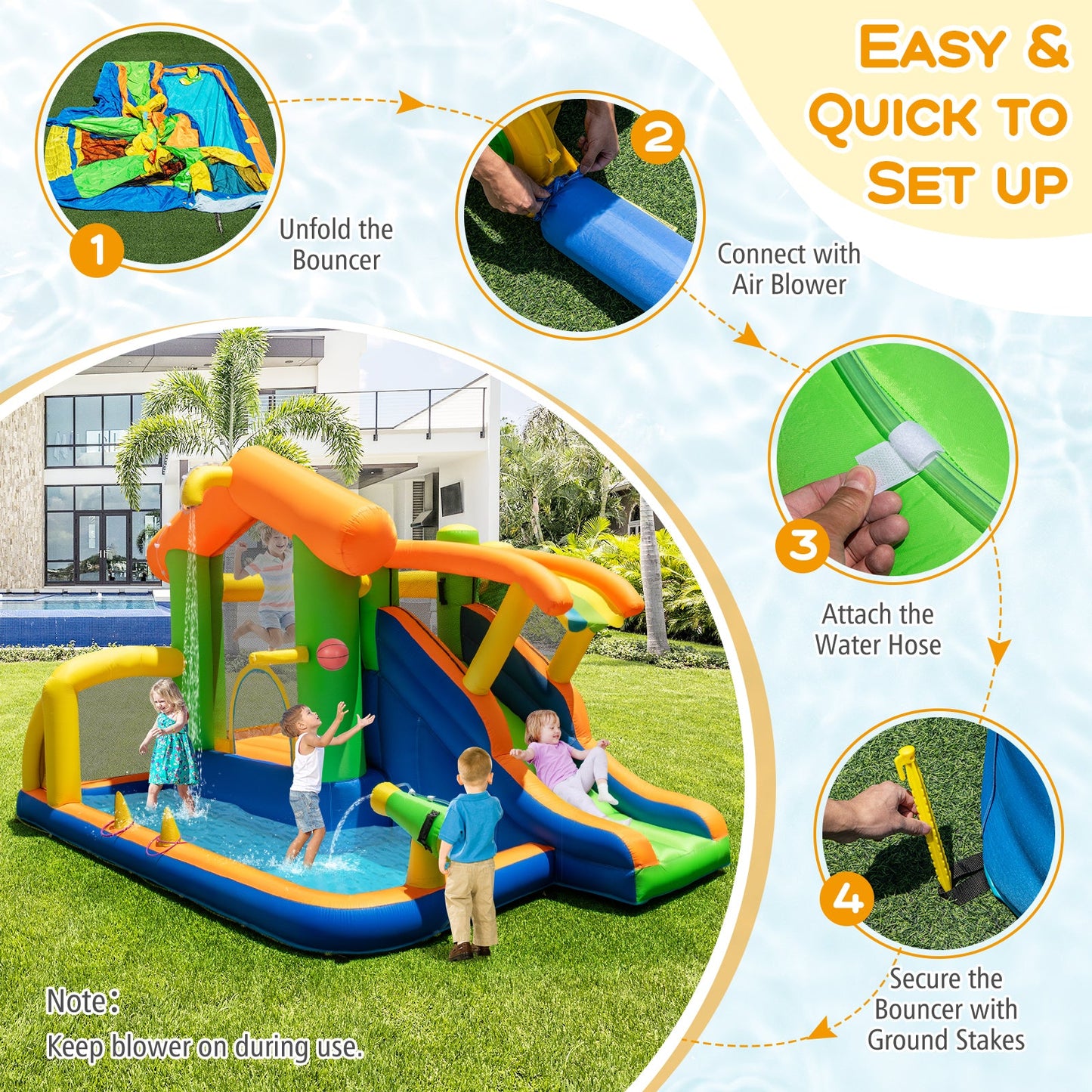 8-in-1 Jumping Castle with Slide and 520W Blower