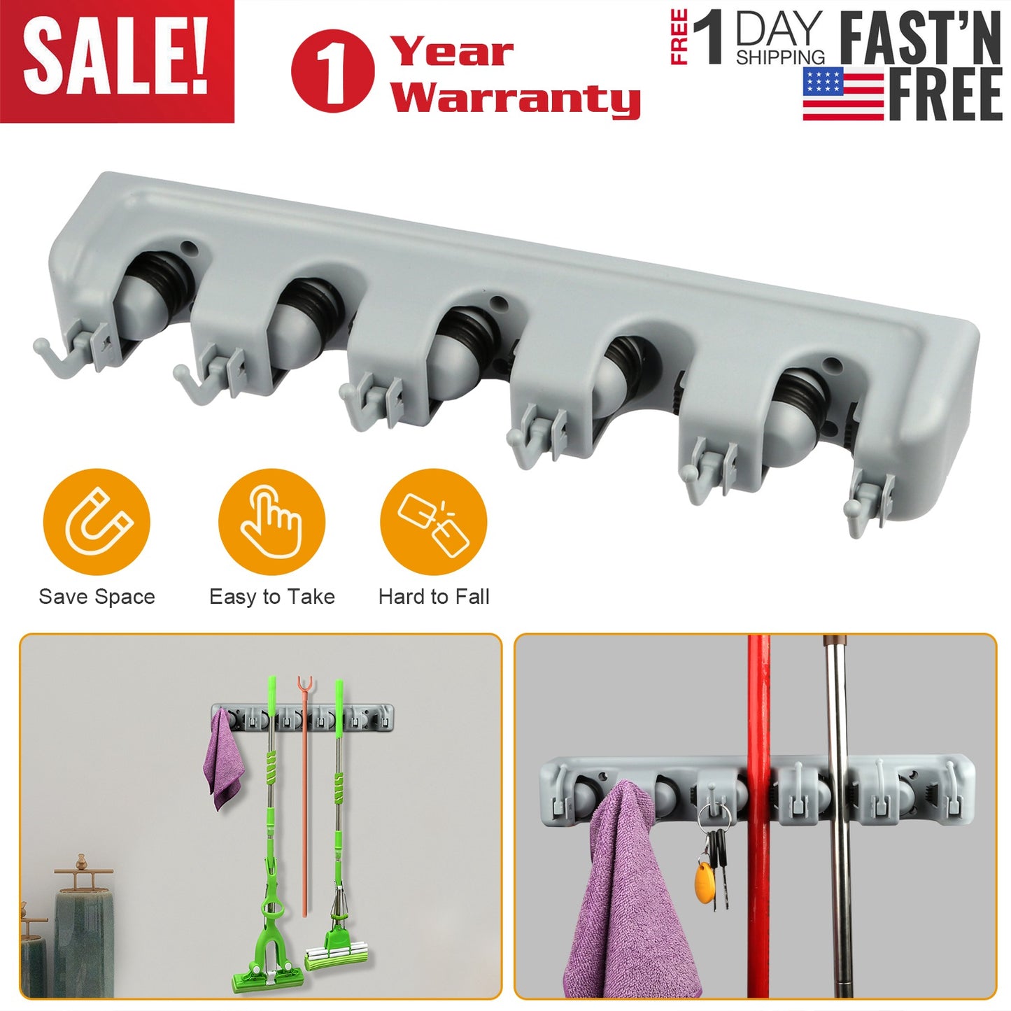 Wall Mount Mop Holder with 5 Slots and 6 Hooks