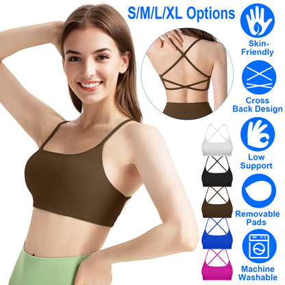 Women Cross Back Sport Bras Padded Strappy Crop Open Back Low Impact Bras Sexy Fitness Tank Tops with Removable Pads Thin Straps for Gym Yoga Workout