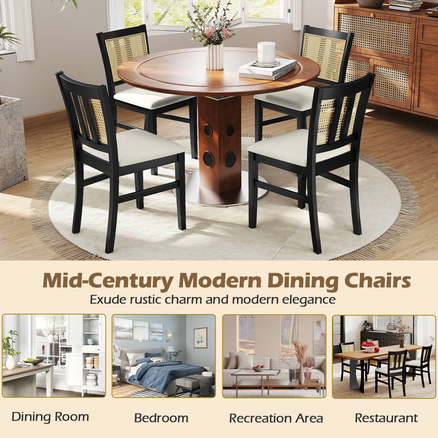 Rattan Dining Chairs Set of 2 with Cushioned Seats