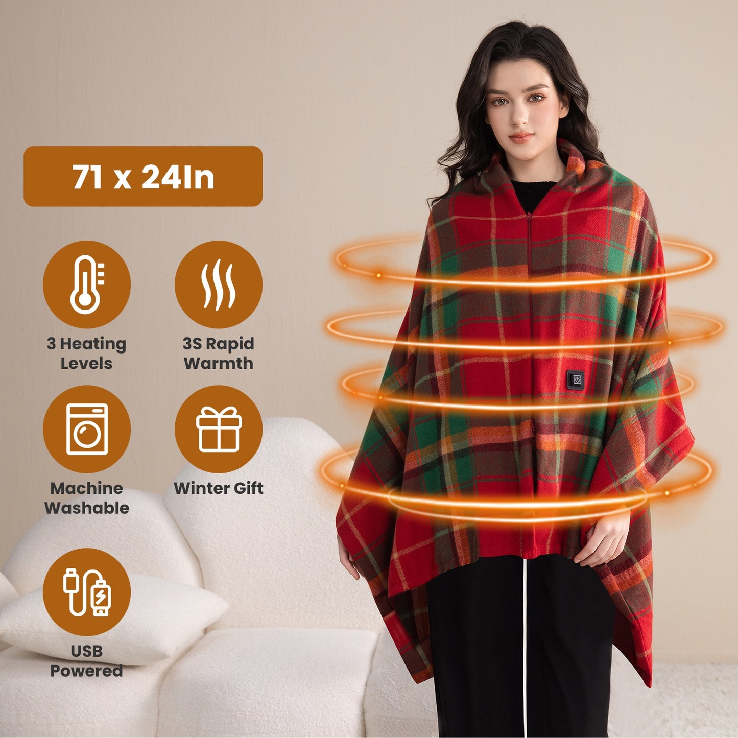 USB Heated Shawl with 3 Heat Levels and Zipper