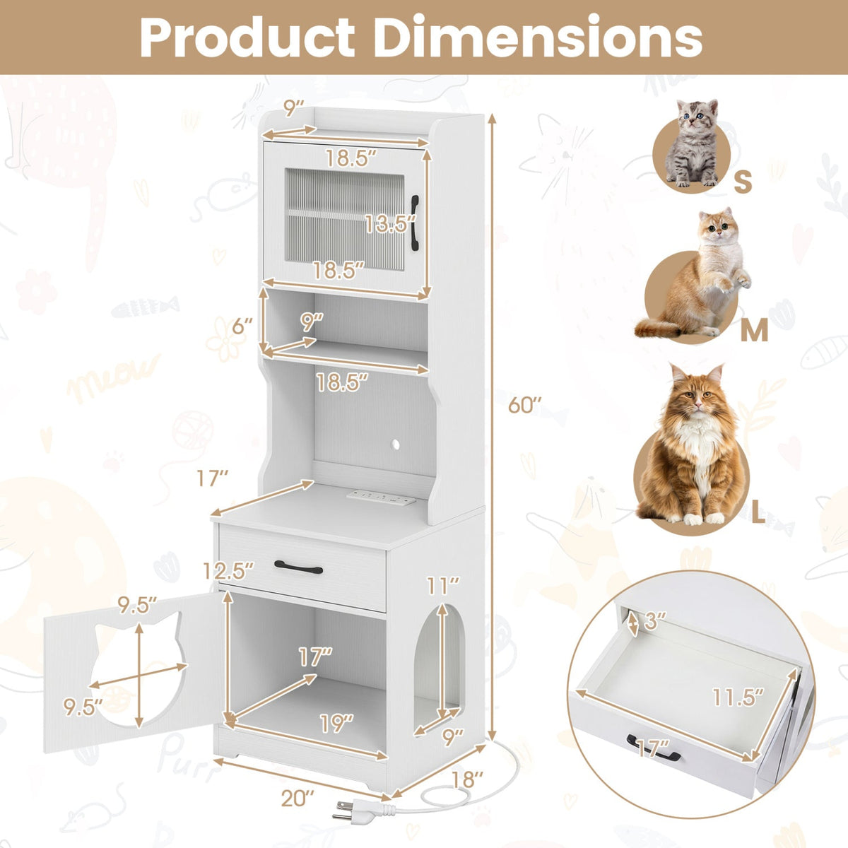 Cat Litter Box Enclosure with LED Light & Charging Station