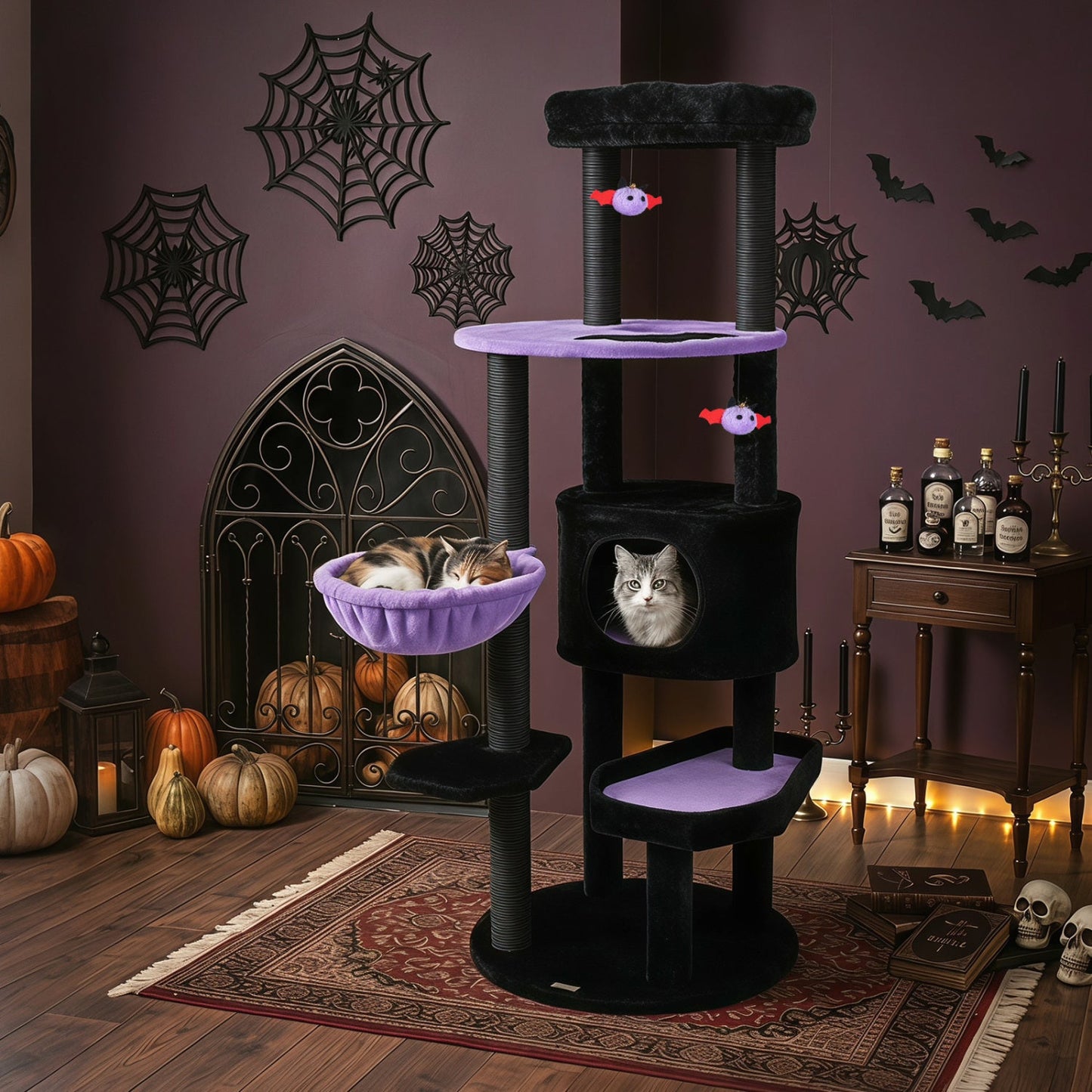 60" Gothic Cat Tower with Plush Perch and Hanging Toys