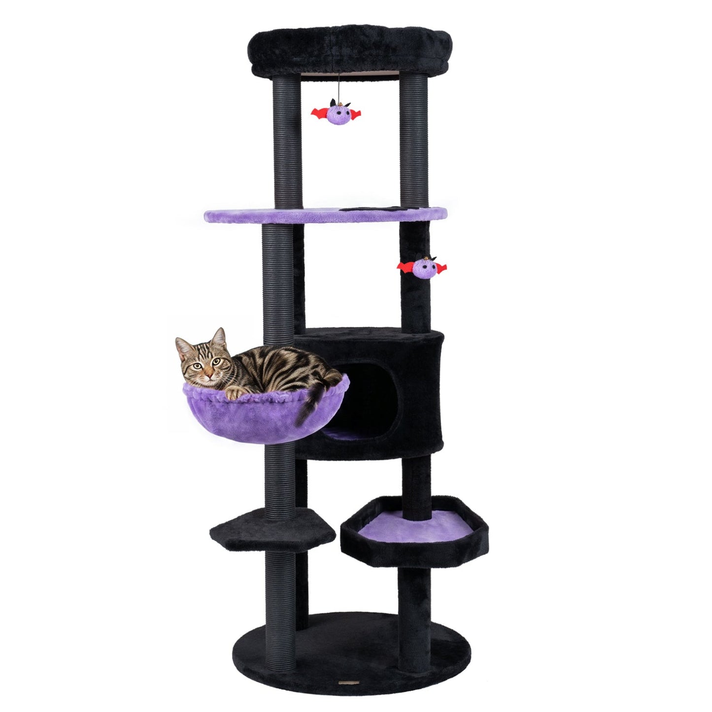 60" Gothic Cat Tower with Plush Perch and Hanging Toys