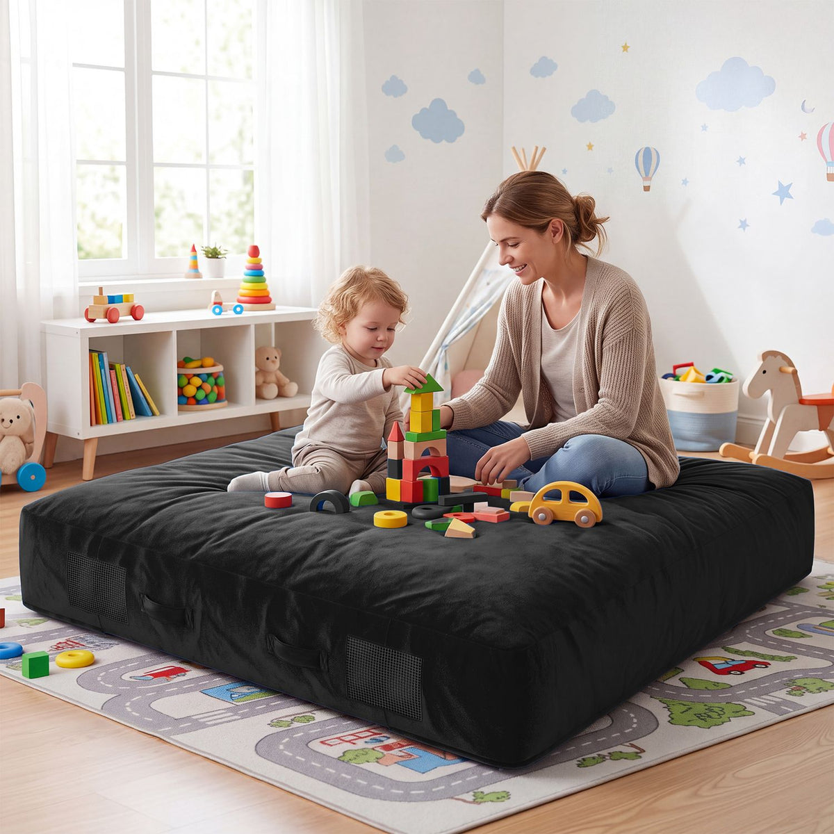 60 Inch Crash Pad for Kids Sensory Foam Crash Mat with Velvet Cover-Black