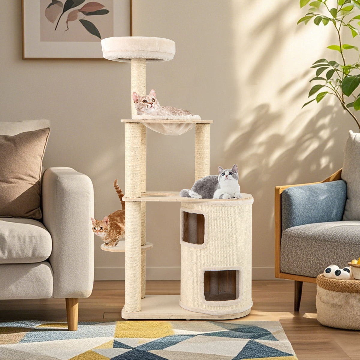 60 Inches Tall Cat Tree with 2-Story Condo and Sisal Scratching Posts-Natural