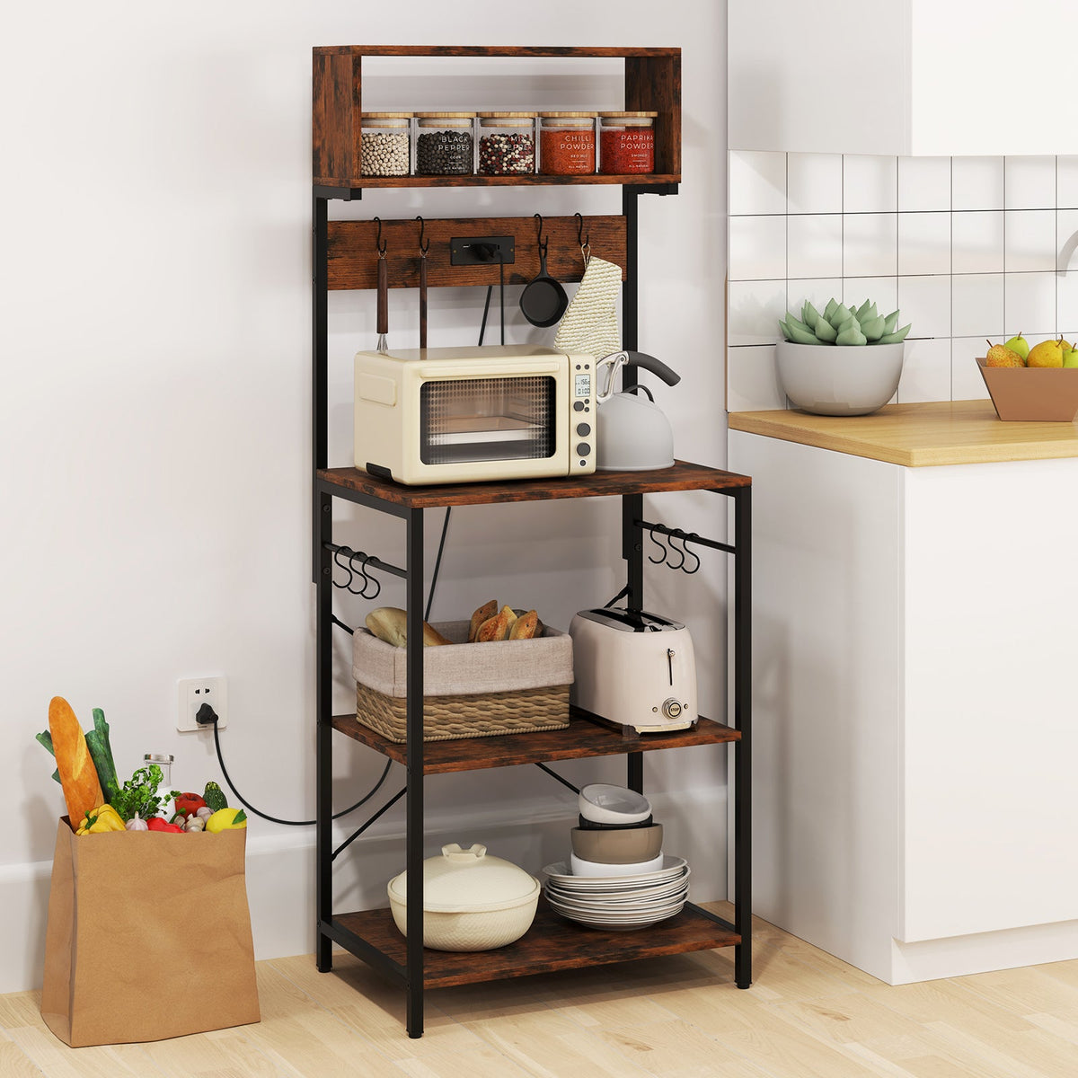 60 Inch Tall Microwave Stand with Open Shelves and 10 Hanging Hooks-Rustic Brown