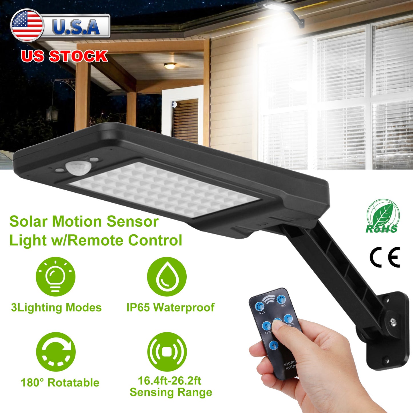 Solar Wall Light with Motion Sensor & Remote Control - 60 LED