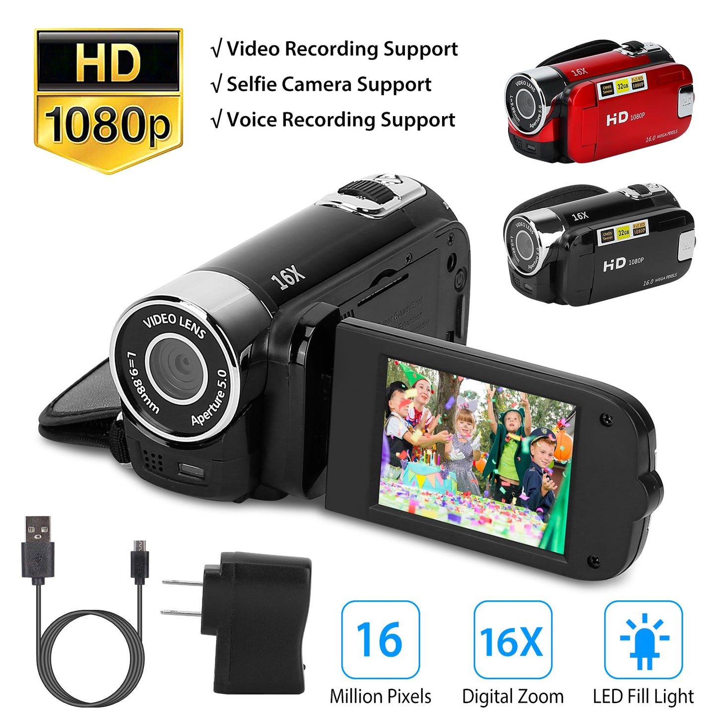 Digital Video Camcorder 1080P HD with 16X Zoom & Fill Light