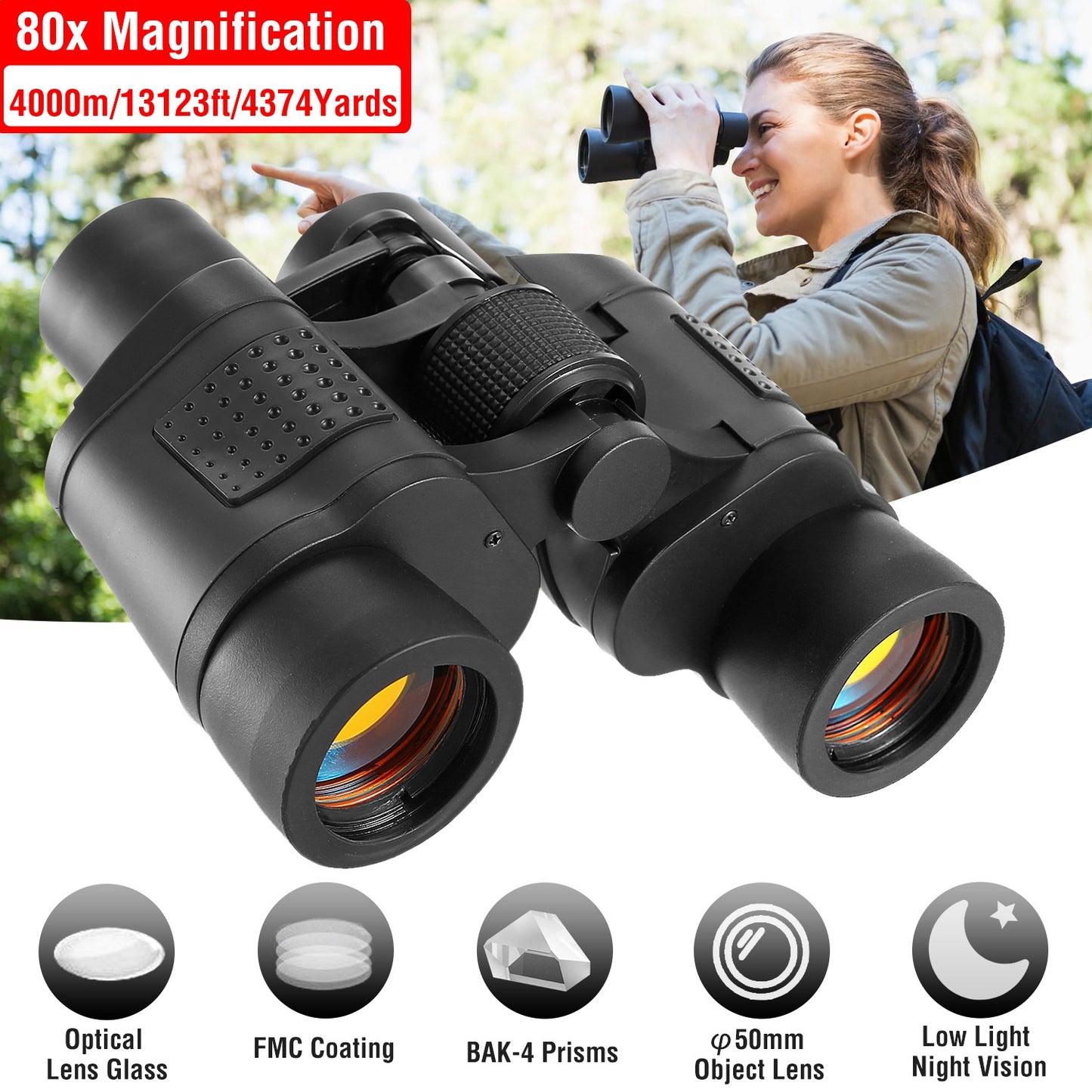80x50 HD Binoculars with FMC Lens and Low Light Vision