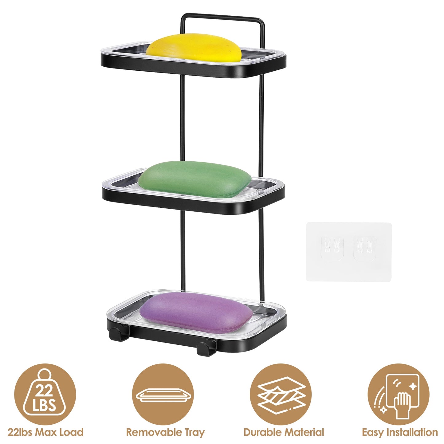 Wall Mounted Soap Dish Holder with Removable Tray & 2 Hooks