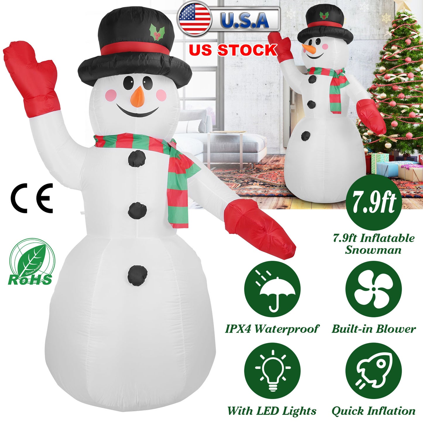 7.9ft Inflatable Christmas Snowman with LED Lights
