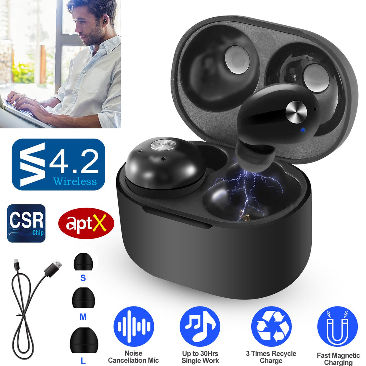 TWS True Wireless V4.2 Earbuds IPX4 In-ear stereo Earphone Hands-free Deep Bass Earpiece w/Mic Magnetic Charging Case 30Hrs Single Earbud Work Time Dr