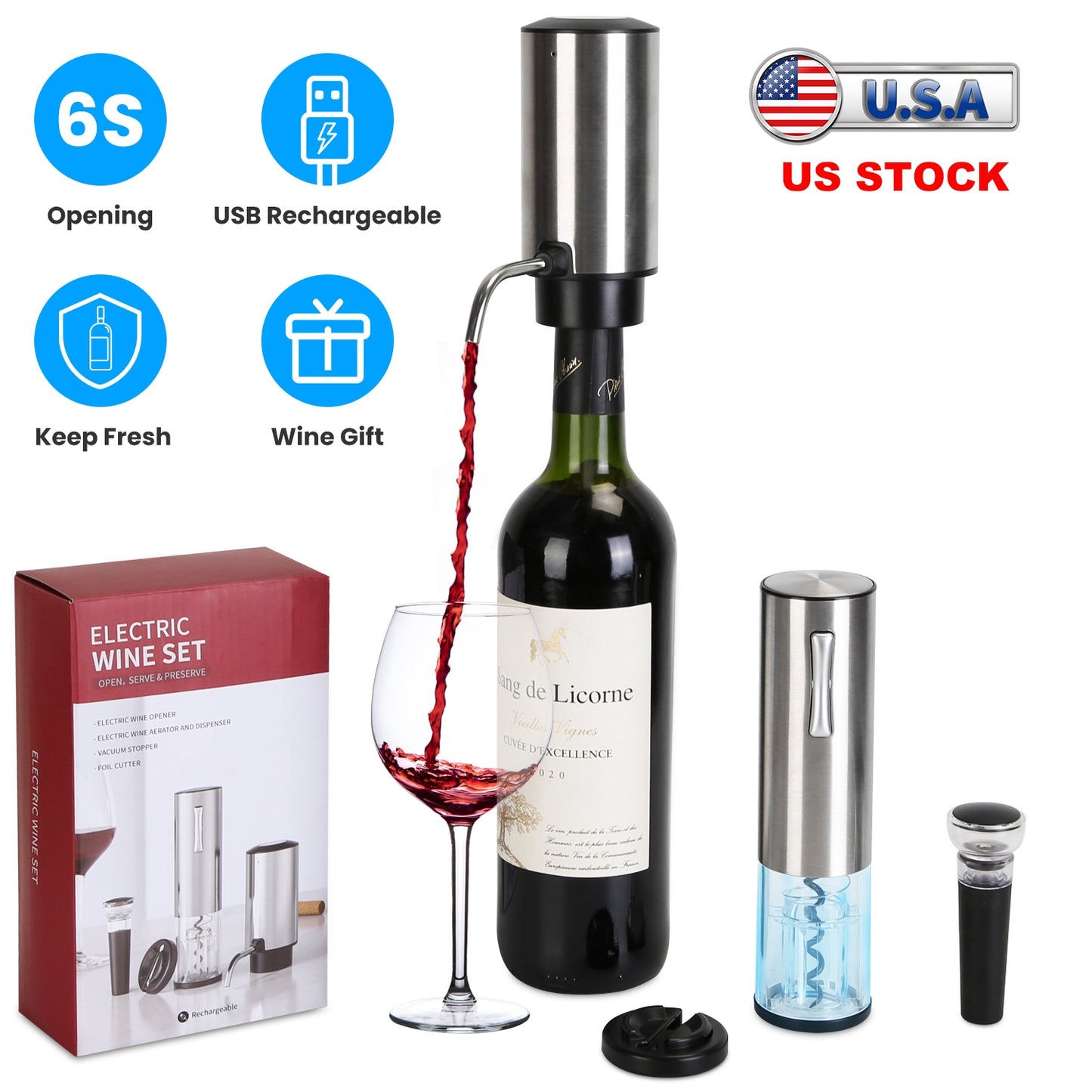 Electric Wine Opener Set 4-in-1 with Aerator & Stopper