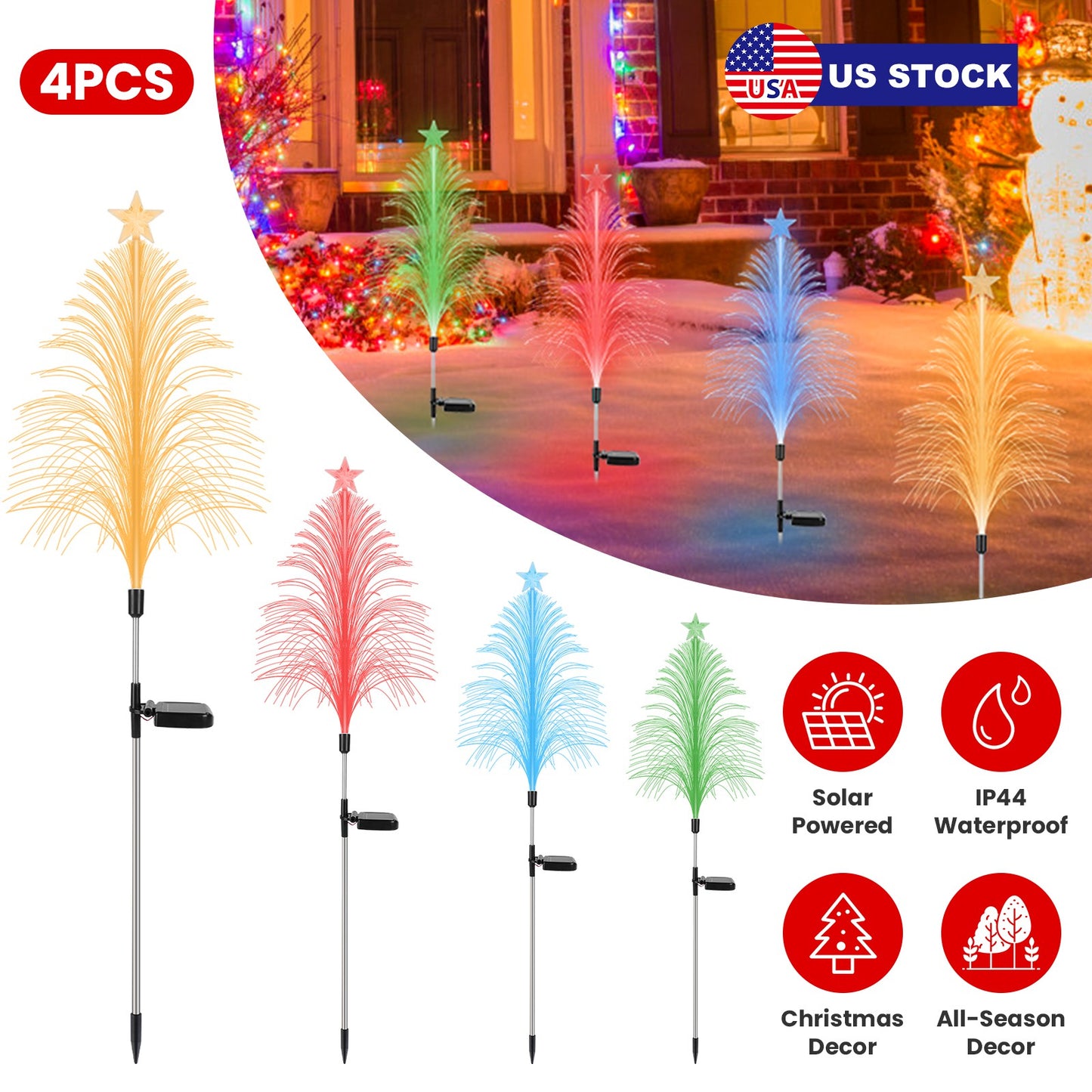 Solar Christmas Tree Stake Lights - 7 Color Changing (4-Pack)