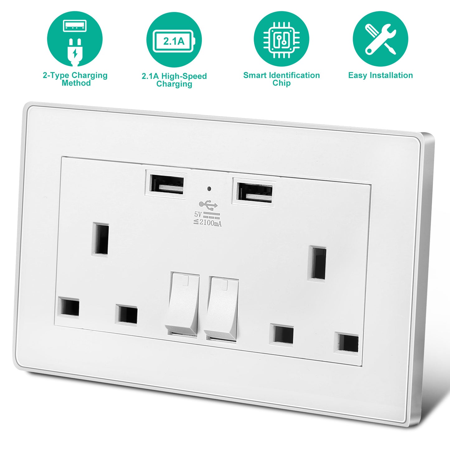 UK Dual Wall Socket with USB Charging Ports & Switches