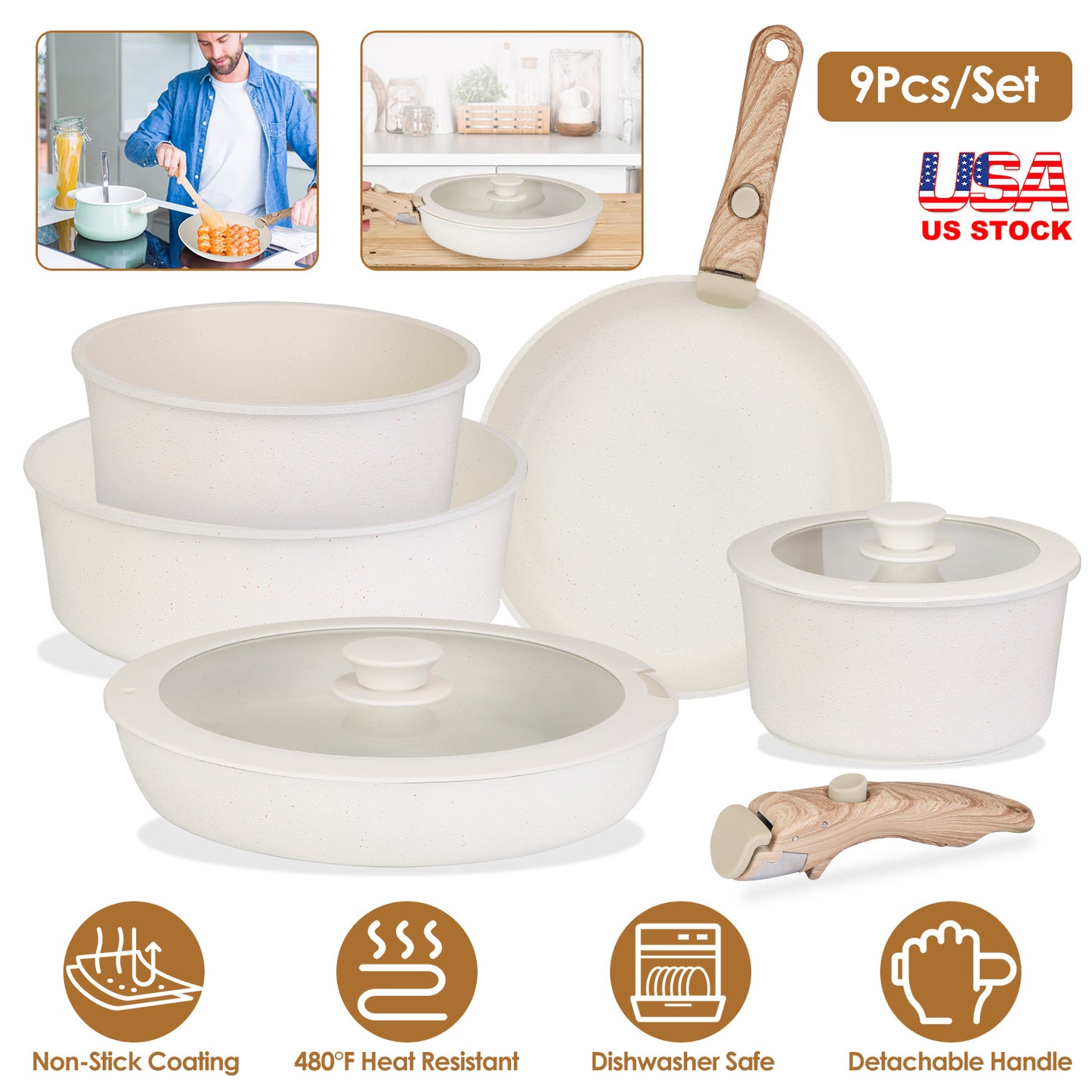 Nonstick Cookware Set 9-Piece with Detachable Handles