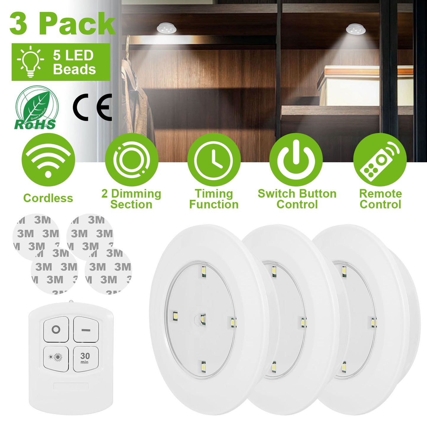 LED Night Light 3-Pack with Remote - Battery Powered Puck Lights