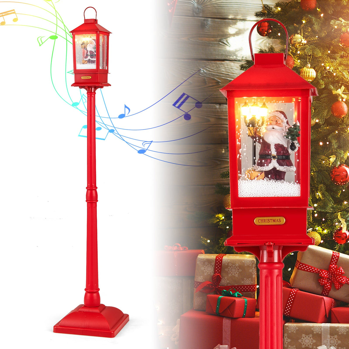 61 Inch Christmas Musical Street Lamp Post with Detachable Snow Globe Lantern-Red