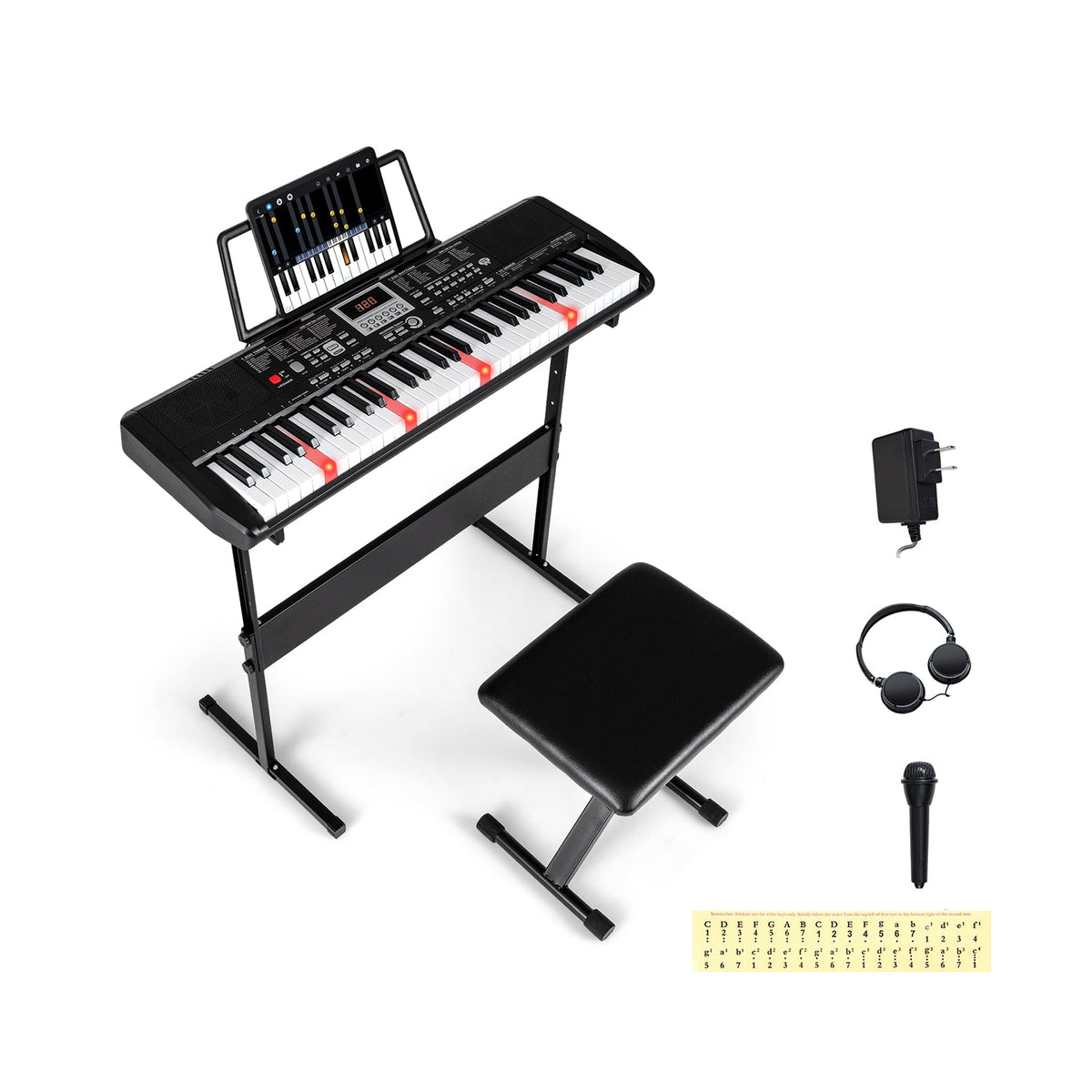 61 Keys Beginners Piano Keyboard Electric Keyboard Kit with Adjustable Stand and Stool-Black