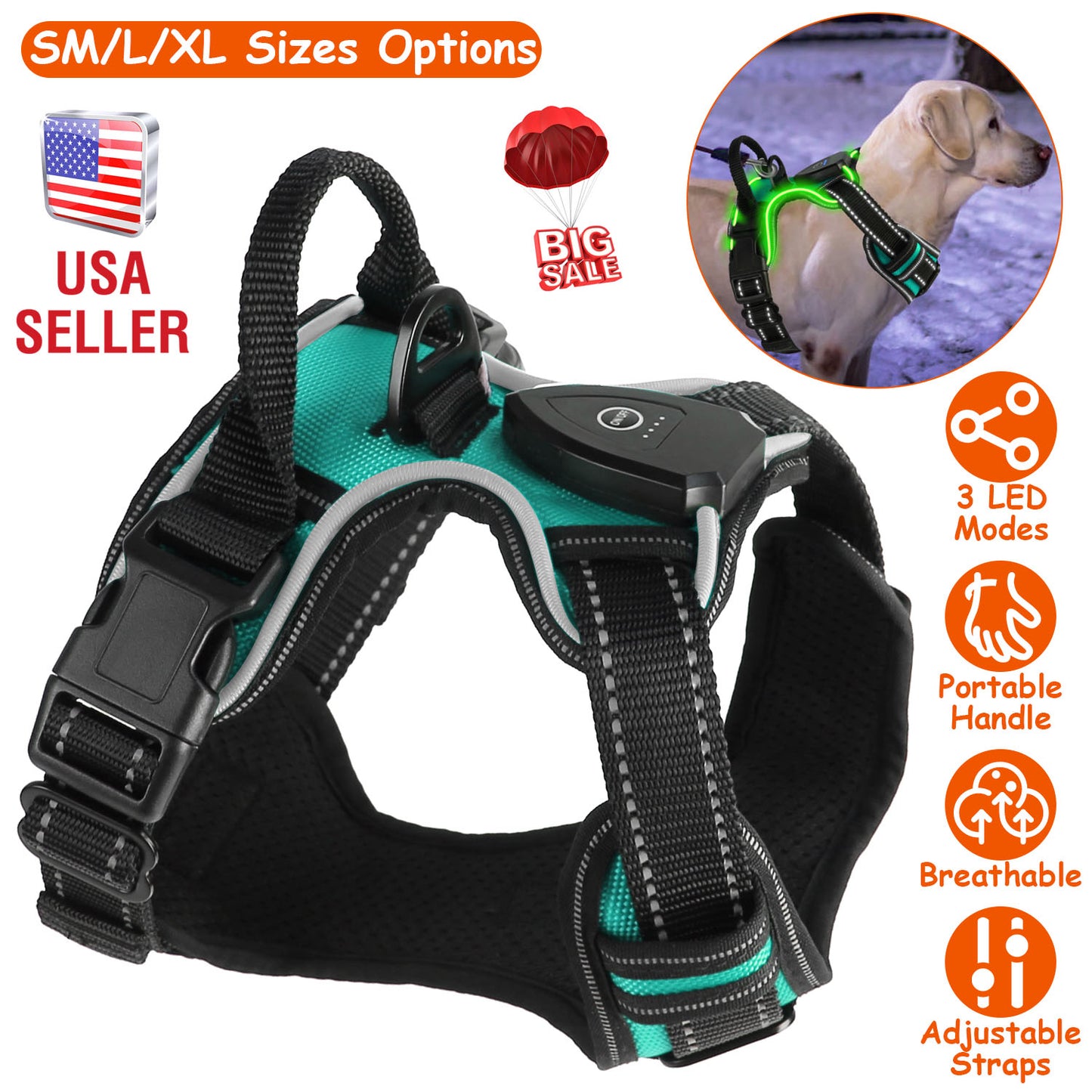 LED Dog Harness Rechargeable No-Pull Vest with Handle