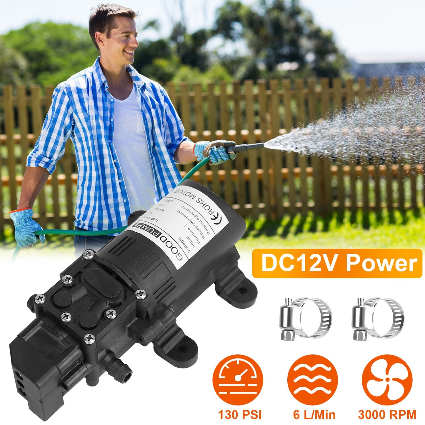 12V Water Pump 130PSI Self-Priming Diaphragm Pump 6L/Min