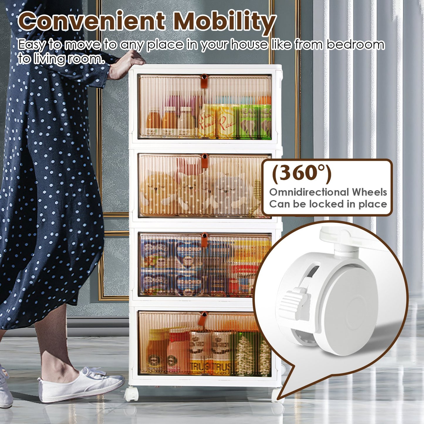 4-Tier Stackable Storage Bins with Wheels and Magnetic Door