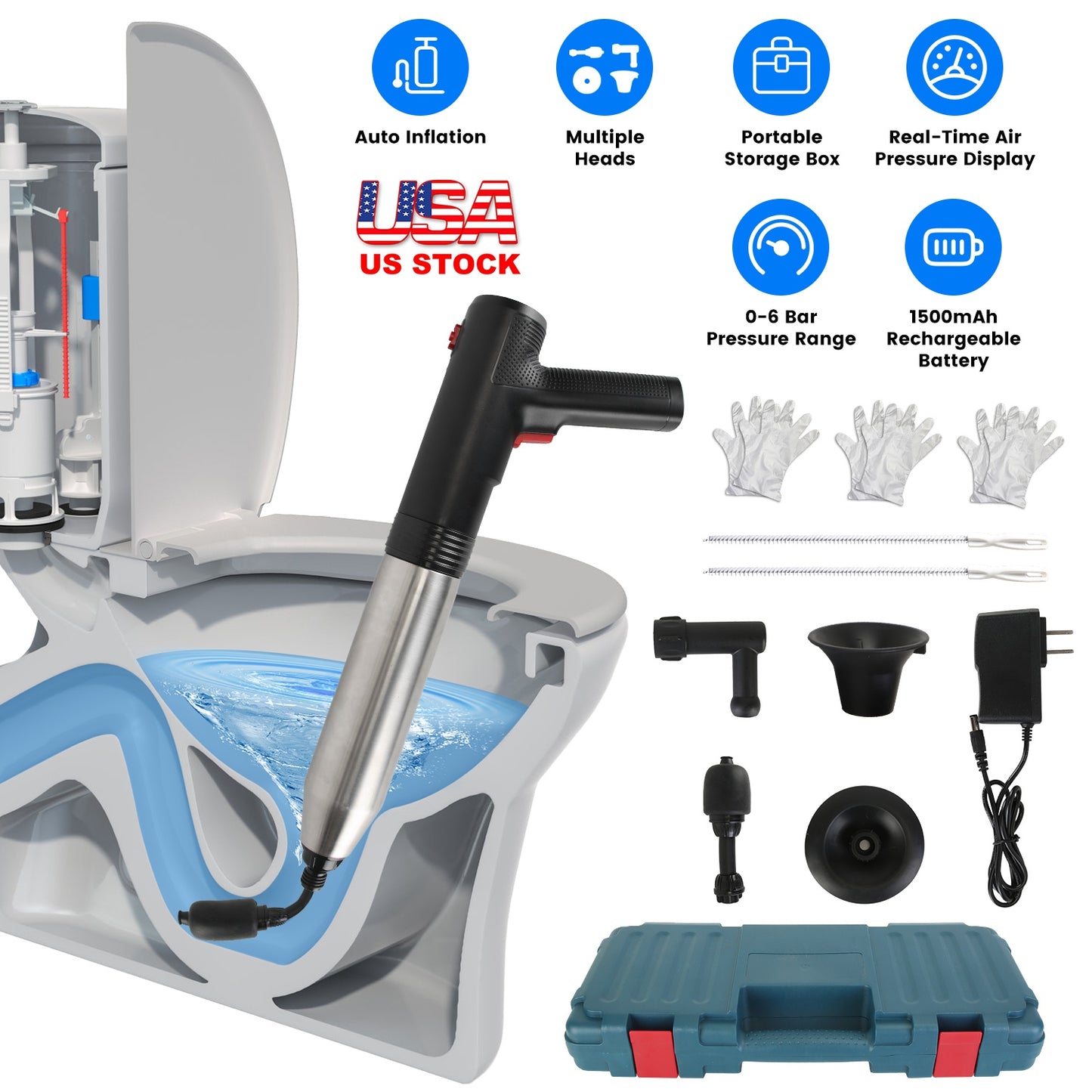 Electric Toilet Plunger with Pressure Display & Multiple Heads