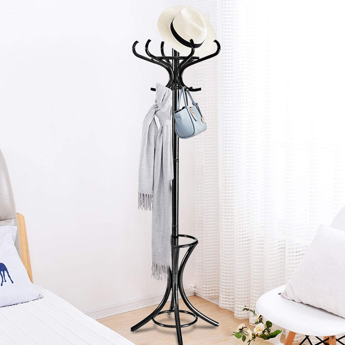 Wood Standing Hat Coat Rack with Umbrella Stand