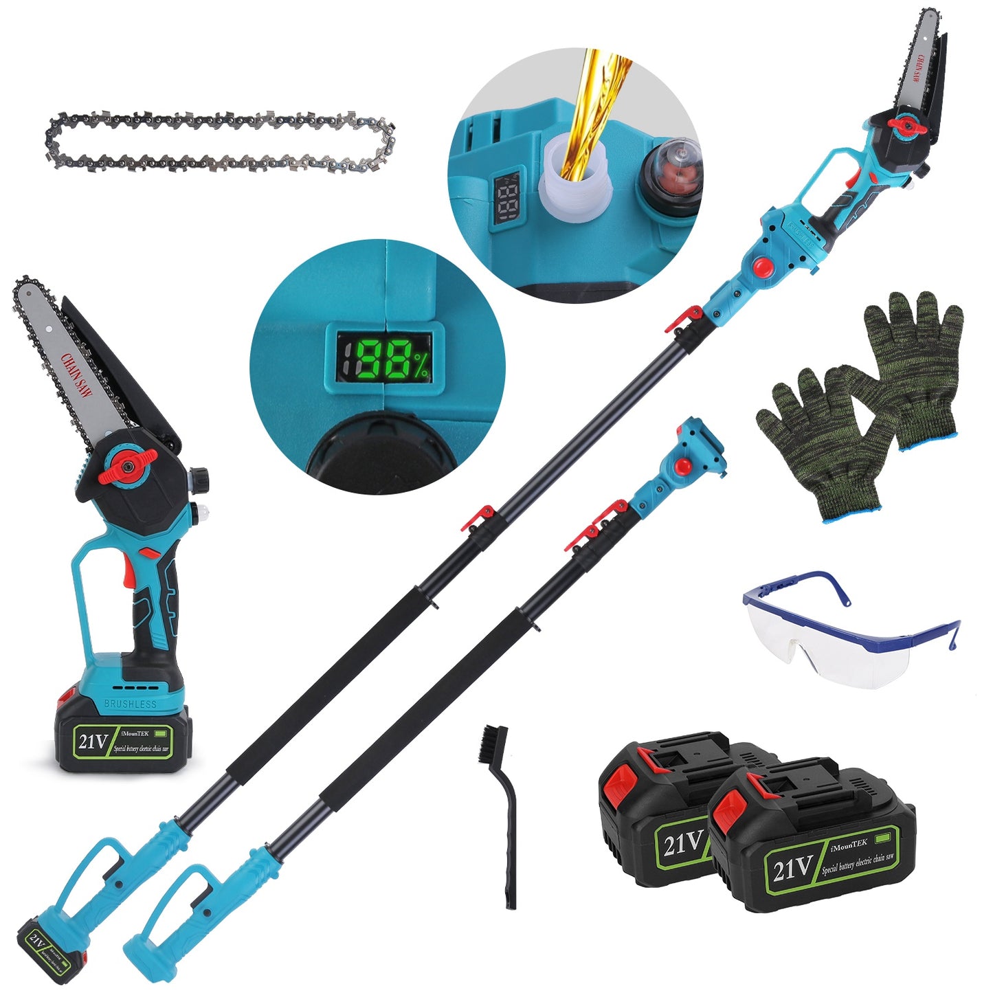 Cordless Pole Saw 2-in-1 with Extension Pole 21V Brushless