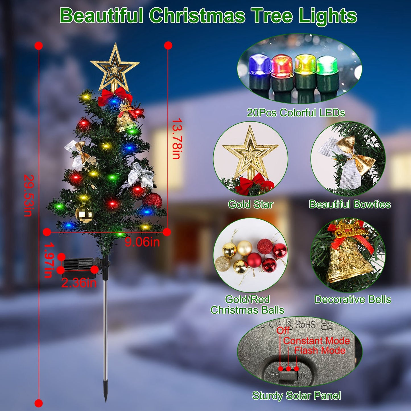 Solar Christmas Tree Lights 4-Pack with Ornaments & Stakes